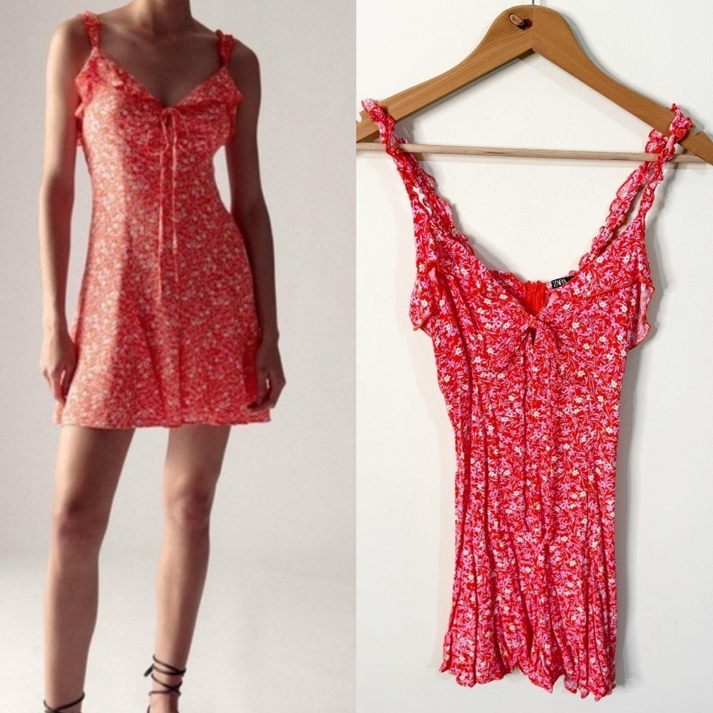 Zara Red Pink Floral Ruffle Tie Front Fit & Flare Mini Dress Size XS